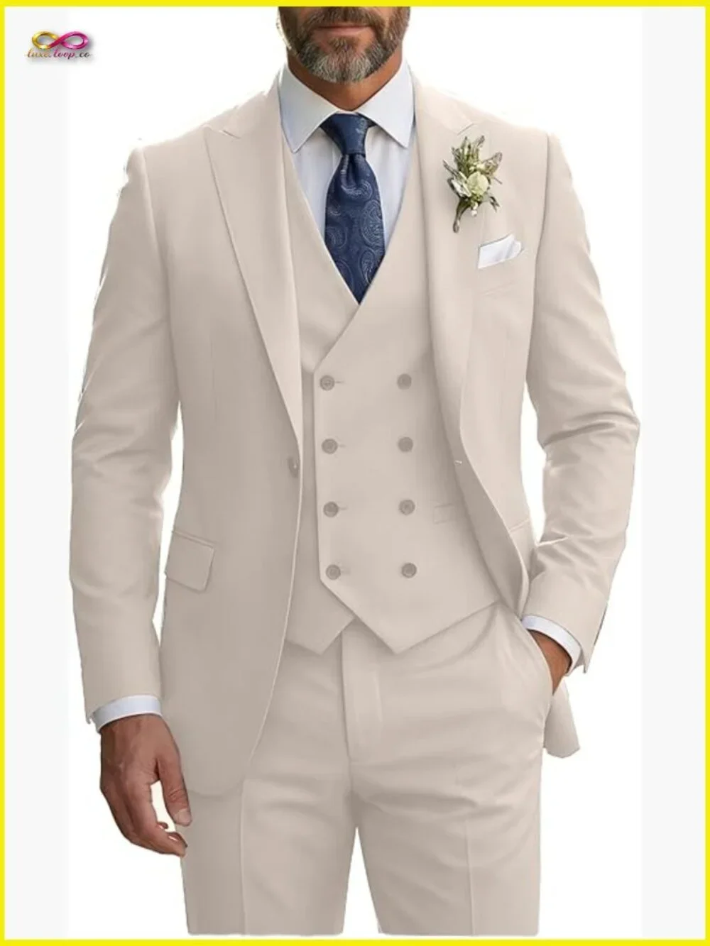 Slim Fit Three Piece Double Breasted Suit Wedding Prom Business Formal Elegant